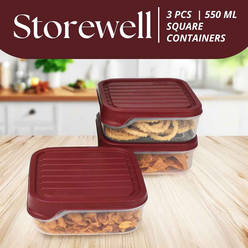 Flair Plastic Storewell Square Food Storage Containers 550Ml - Set Of 3, (Maroon), Food Grade