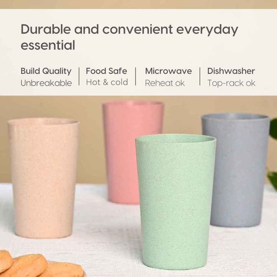 Eha Earth Friendly Unbreakable Drinking Glass | 250 ml, 4 pcs, Multi-light | Rice Husk Biocomposite