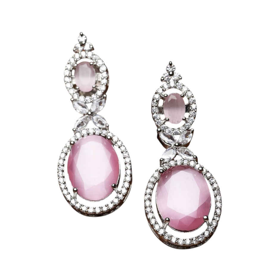 Zeneme Silver-Plated Pink American Diamond studded Oval Shaped Drop Earrings For Women & Girls