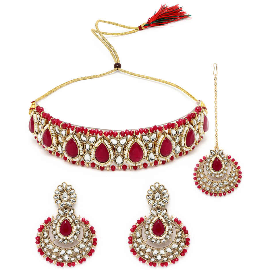 Sukkhi Radiant Gold Plated Rani Pink Kundan & Beads Studded Choker Necklace Set