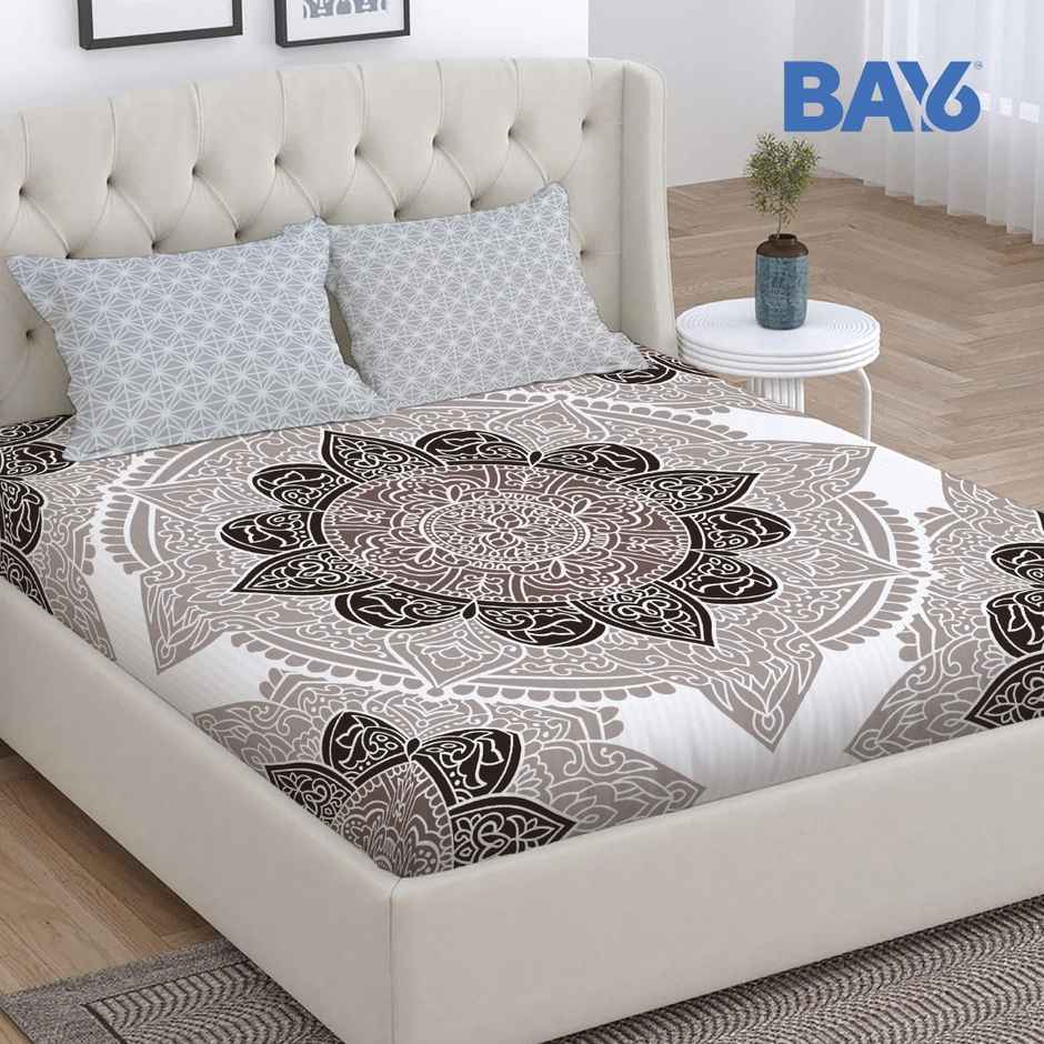 BAY6 Microfibre Jaipuri Print Double Bedsheet | Beige | With Two Pillow Covers | 87 x 94 in
