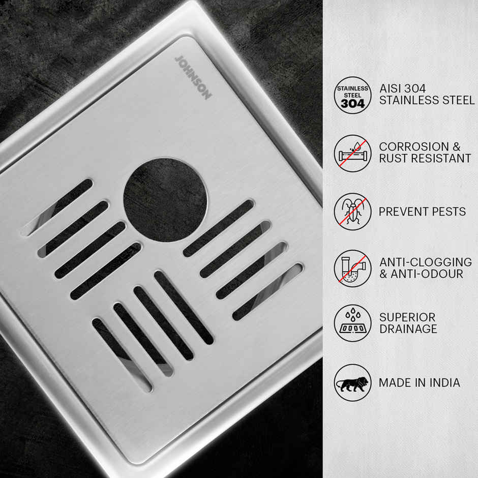 Johnson Ruby 5 x 5 Square Floor Drain With HoleSs304 Anti-Rust, Matt/ Satin Finish