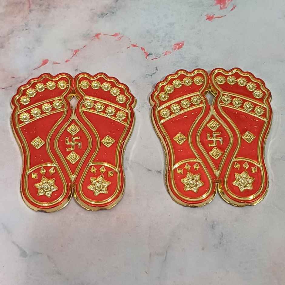 Gullak Auspicious Symbols Red And Golden Plastic Stickers Pair Of Charan