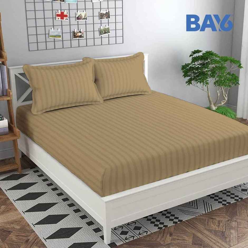 BAY6 Double Microfibre Solid Stripe Bedsheet | With 2 Pillow Covers | Beige | 87 x 94 in