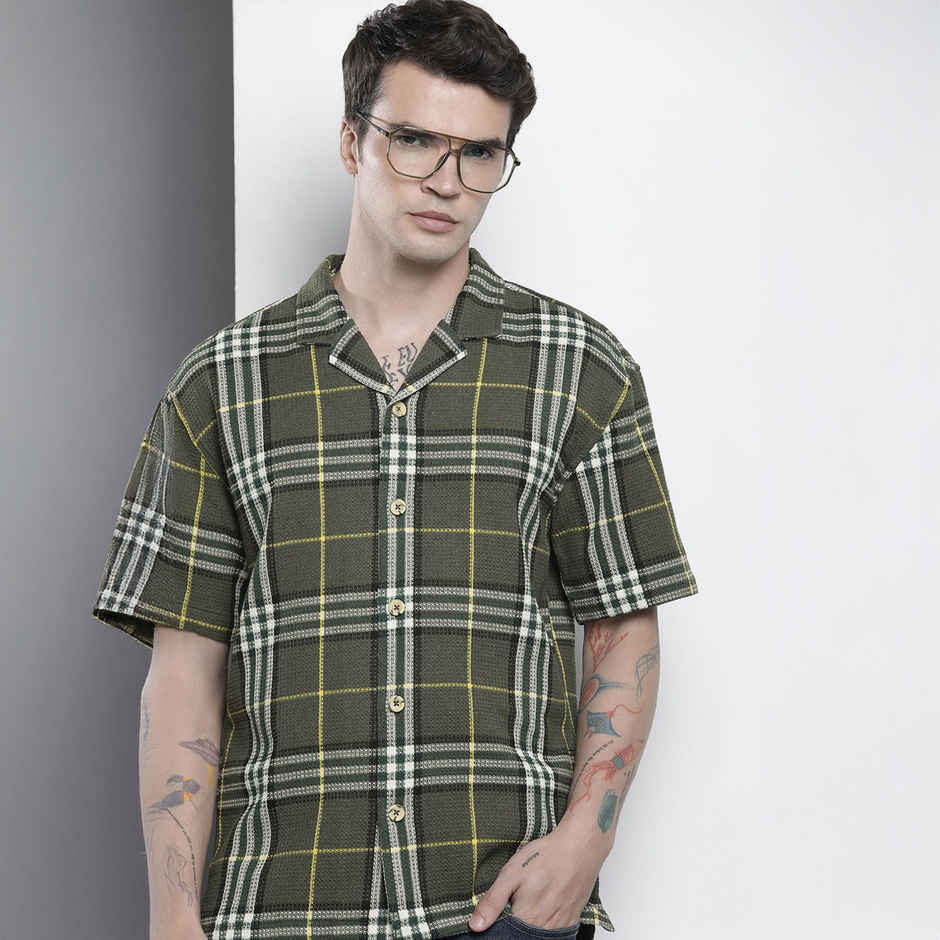 The Indian Garage Co Men's Relaxed Fit Checkered Resort Wear Half Sleeve Shirt | Green - S