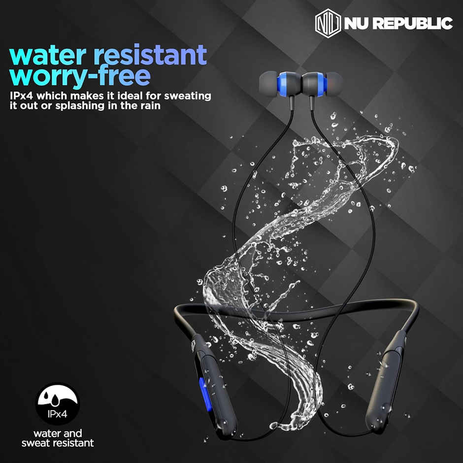 Nu Republic Jive J2 Bluetooth Neckband with Upto 20 hrs Playtime, X-Bass Technology, Calling Mic, Fast Charging & Pairing Earphones - Blue & Black
