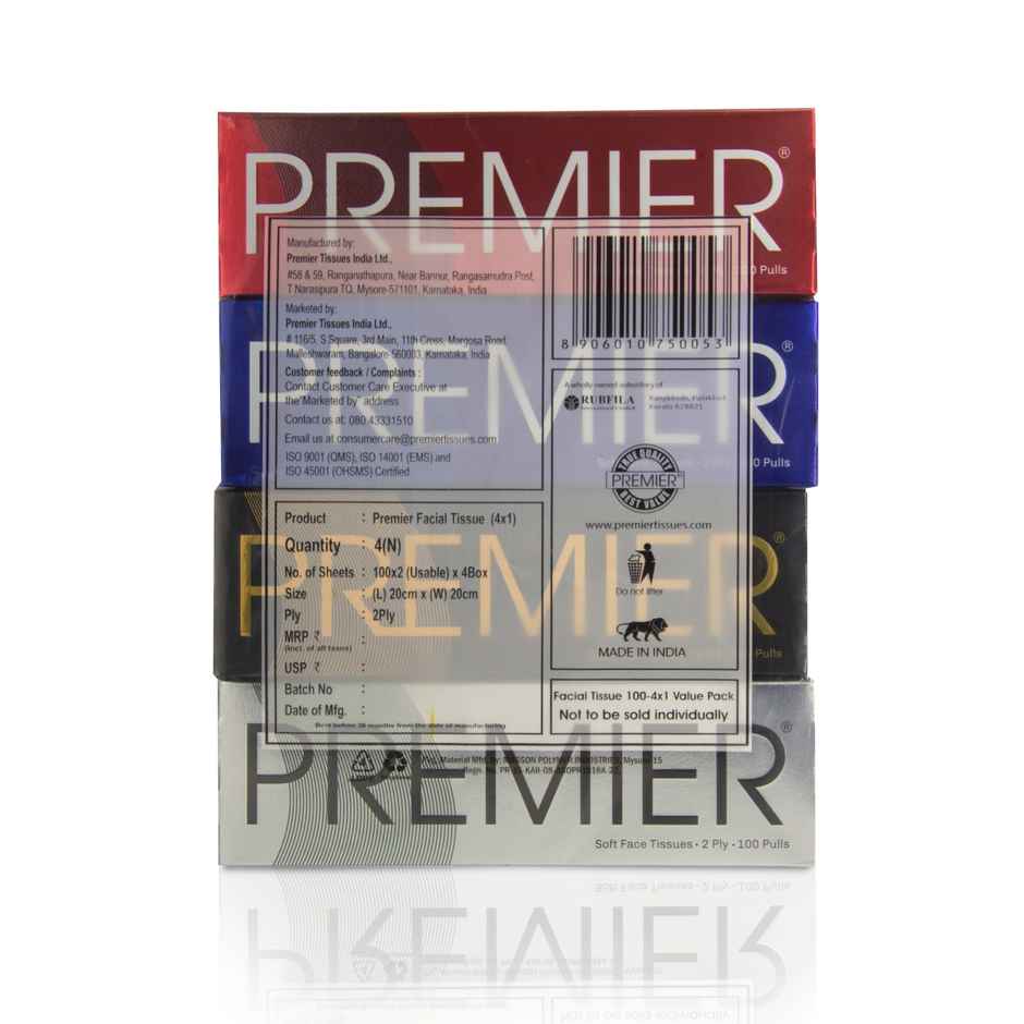 Premier 4 in 1 Face Tissue Box | 100 pulls each | 2 ply | Pack of 4