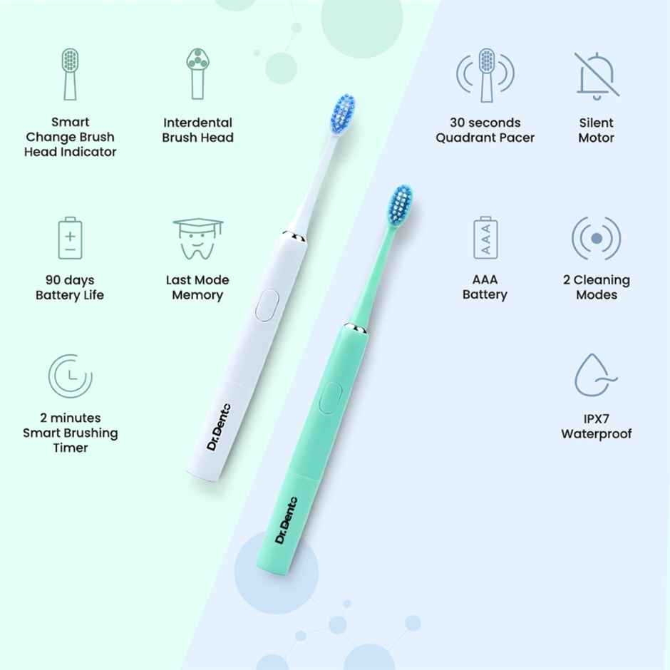Dr.Dento Ultra Sonic Dual Mode Electric Toothbrush | 3 Brush Heads| 1 Yr Warranty - Jade Green