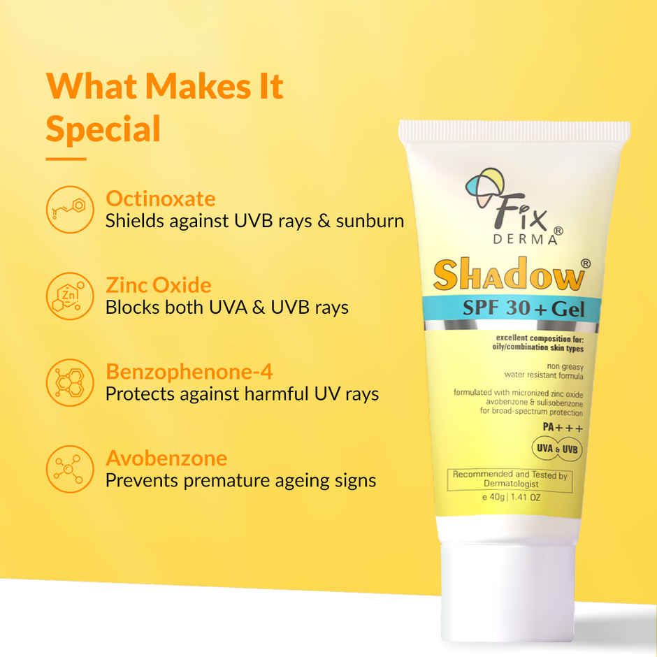 Fixderma Shadow Sunscreen SPF 30+ PA+++ Gel, Light Weight For Oily & Acne Prone Skin
