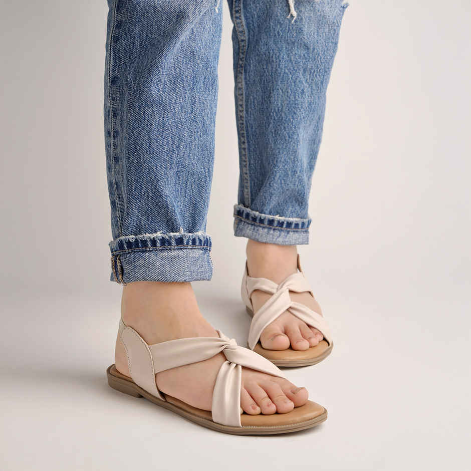 Shoetopia Cross Strap Cream Flat Sandals For Women | UK 7
