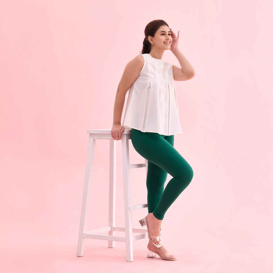 Go Colors Women's Solid Mid Rise Ankle Length Leggings | Bottle Green - M