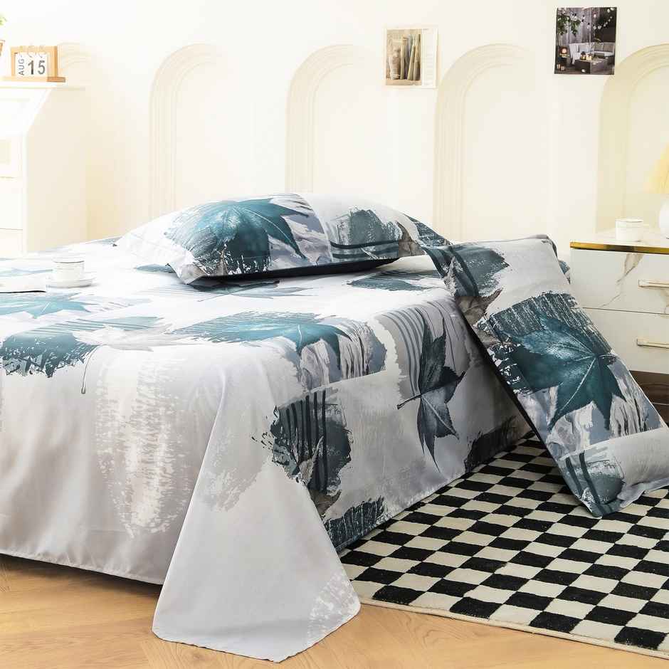 Story@home 240 TC Microfiber Double Printed Flat Bedsheet White & Grey | Floral