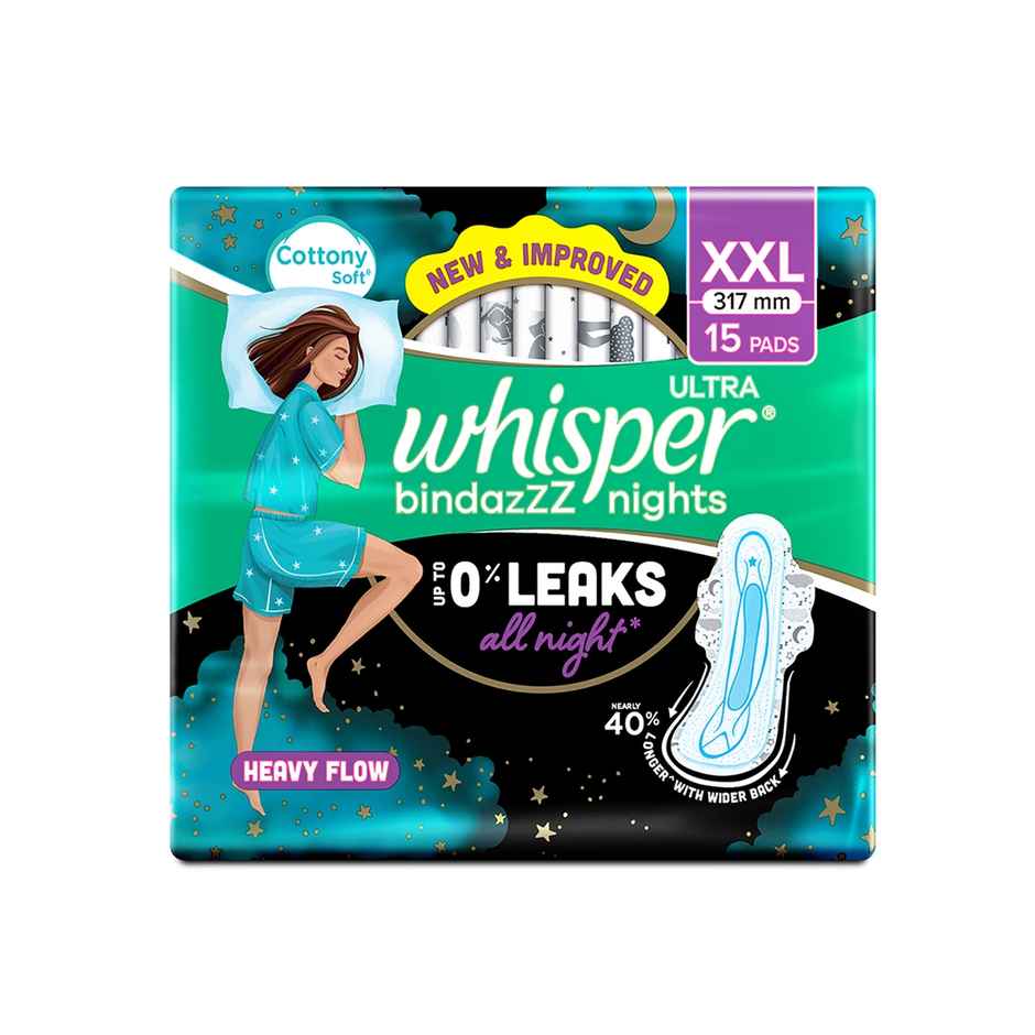 Whisper Bindazzz Nights XXL Sanitary Pads, Upto 0% Leaks All Night Long