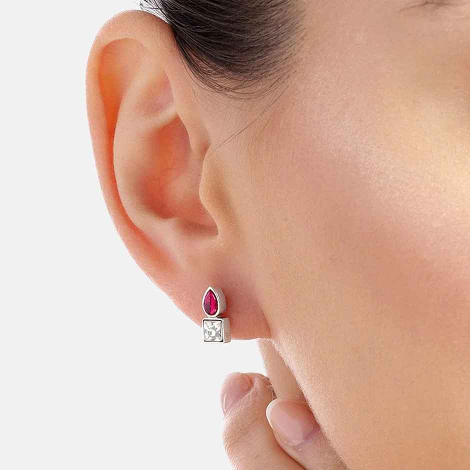 Unniyarcha 92.5 Silver Cubic Red Drop Stud Earrings