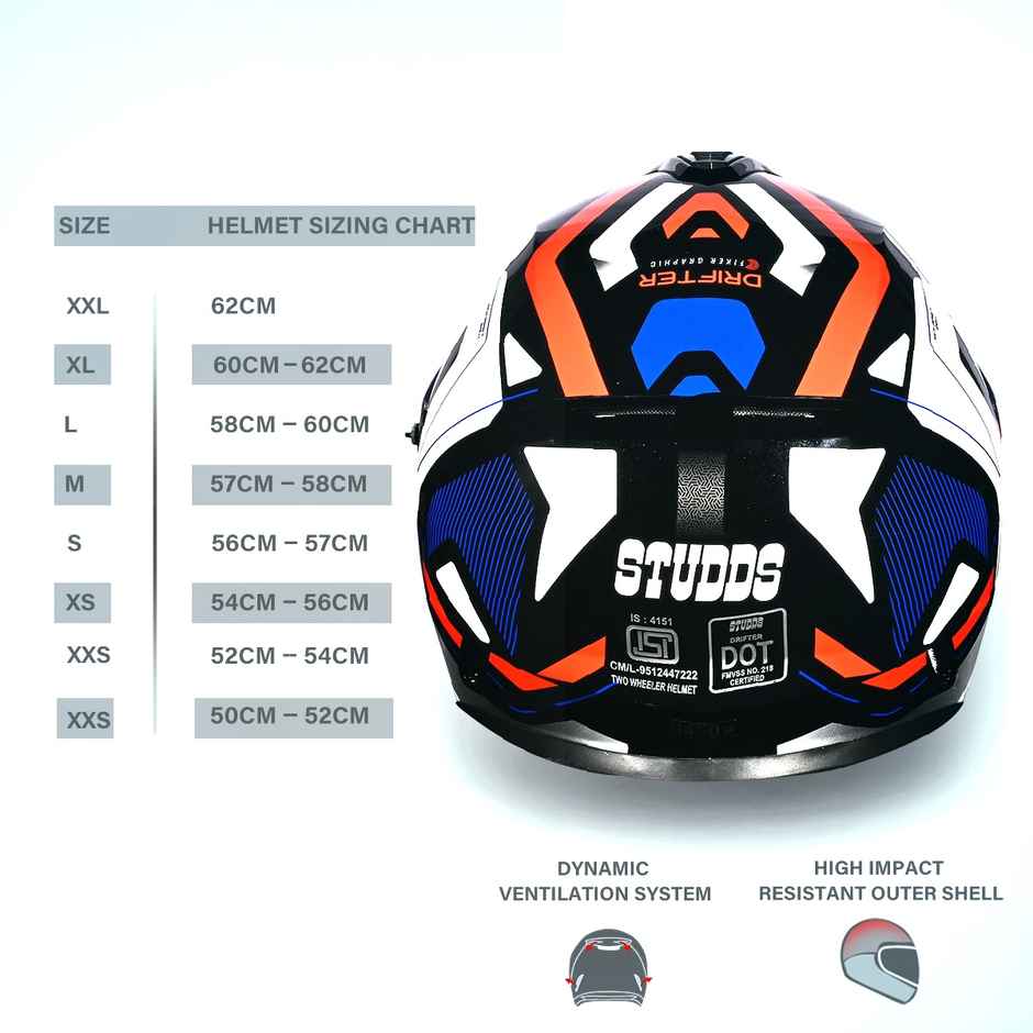 Studds Drifter Fiker ISI-DOT Certified Full Face Helmet | Dual Visor & Spoiler |Black N1 - L