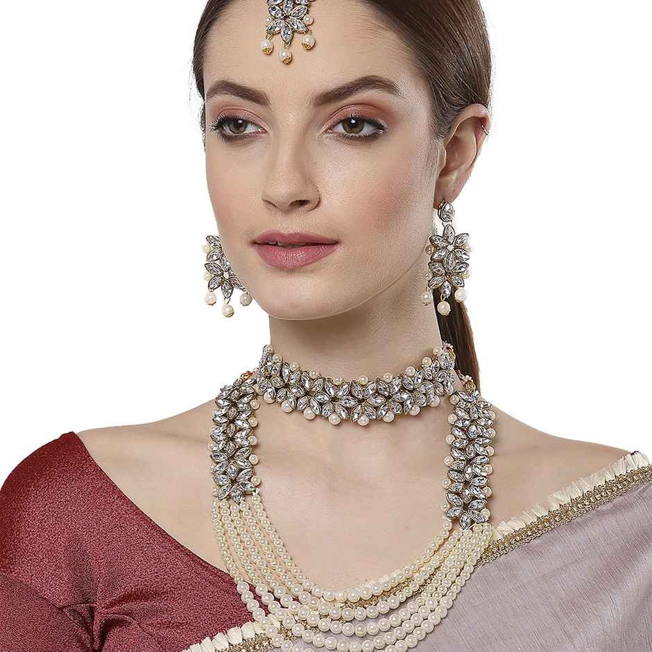 Zeneme Bridal Long Necklace Set Neck Choker with Earrings and Maang Tikka For Women & Girls