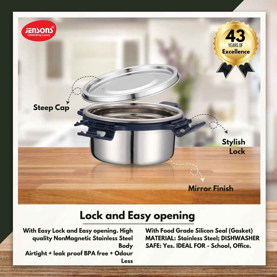 Jensons Stainless Steel Airtight Quade Container 350 ml | Leak Lock Storage Box