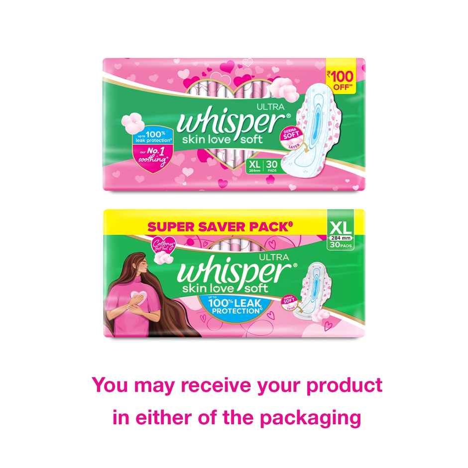 Whisper Ultra Skin Love Soft Sanitary Pads for Women, XL 30 Napkins