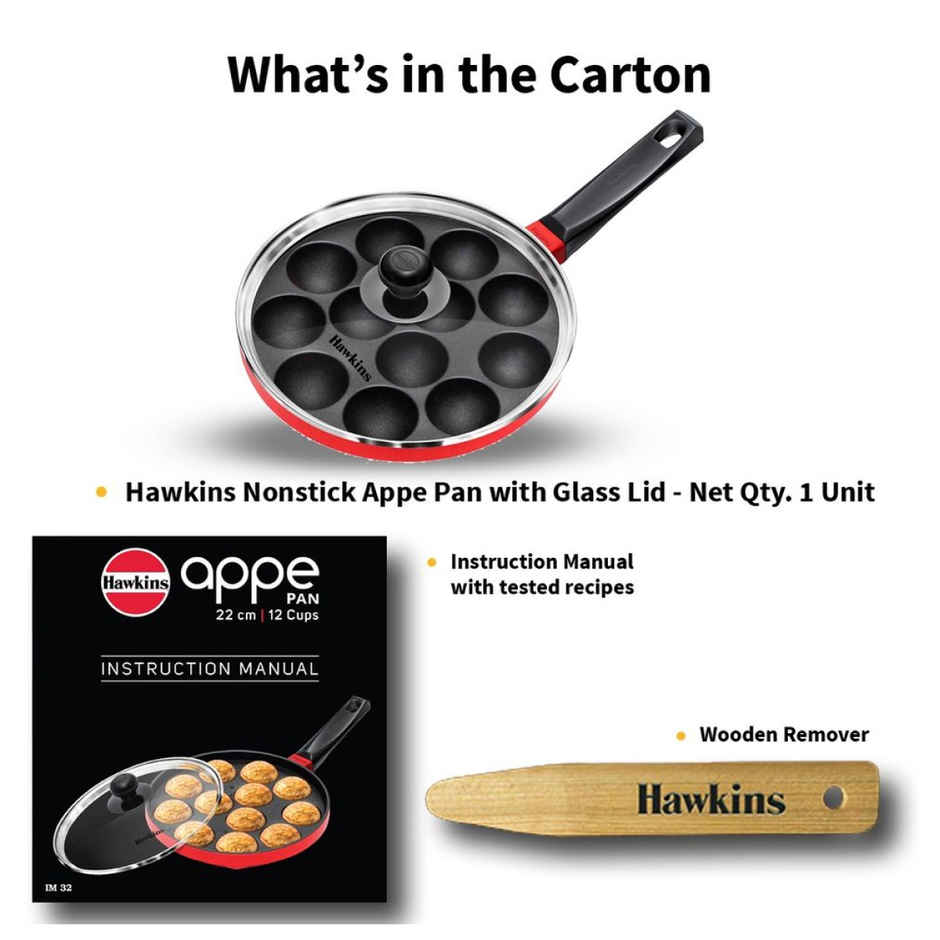 Hawkins 22 Cm Appe Pan Non Stick Paniyaram Pan With Glass Lid 12 Cups Pan - Red