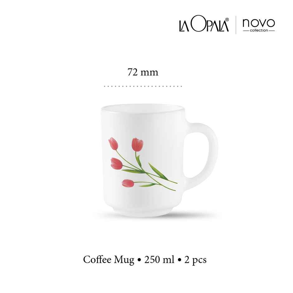 La Opala Novo Coffee Mug Grace 250 ml Set of 2 Radiant Curves Opal Glass Mugs for Tea & Coffee White
