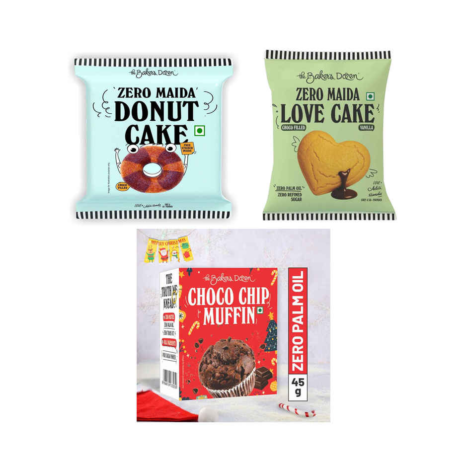 The Baker'S Dozen Zero Maida Donut Cake | Soft & Indulgent (42g) & The Baker'S Dozen Zero Maida Chocolate Brownie | Bakery Delight (55g) & The Baker'S Dozen Choco Chip Muffin | Soft & Chocolatey (45g) Combo