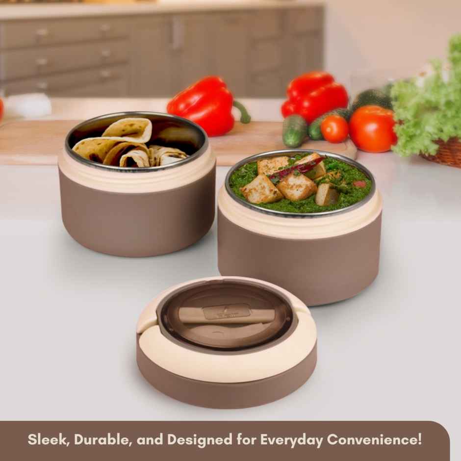 Flair Feast 2-Pc Lunch Box Set - Beige, Insulated With Handle & Spoon