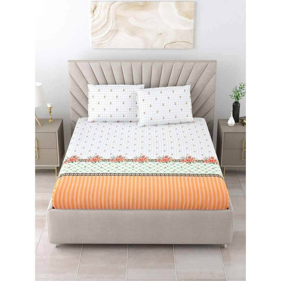 Bombay Dyeing Thyme 210 TC 100% Cotton Satin Peach Super King Size Bedsheet with 2 Pillow Covers