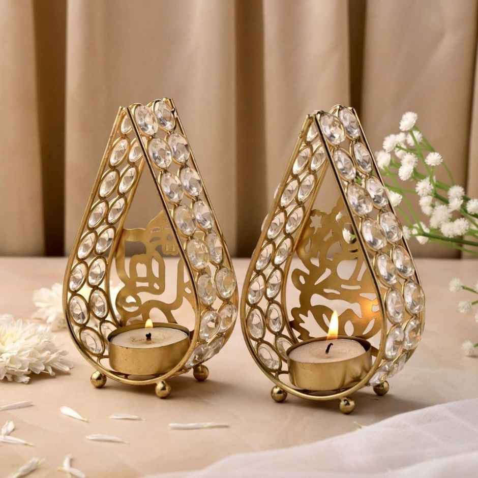 Crystal Ganesh Ji Tealight Candle Holder for Home Decor | Iron | Gold | Urban Born