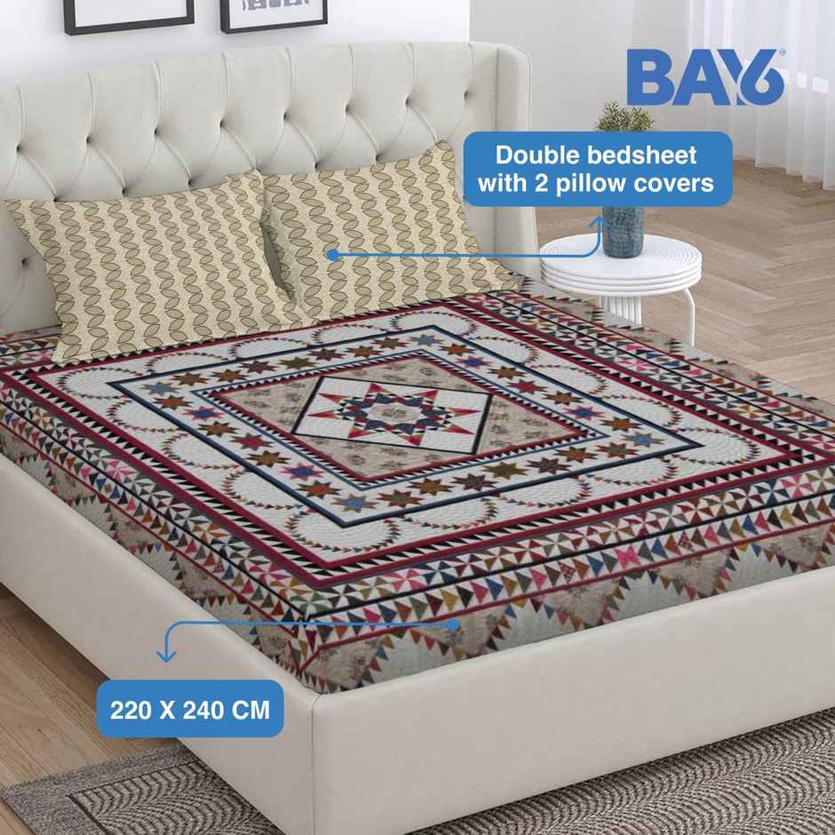 BAY6 Double Microfibre Jaipuri Print Bedsheet | With 2 Pillow Covers | Beige | 87 x 94 in