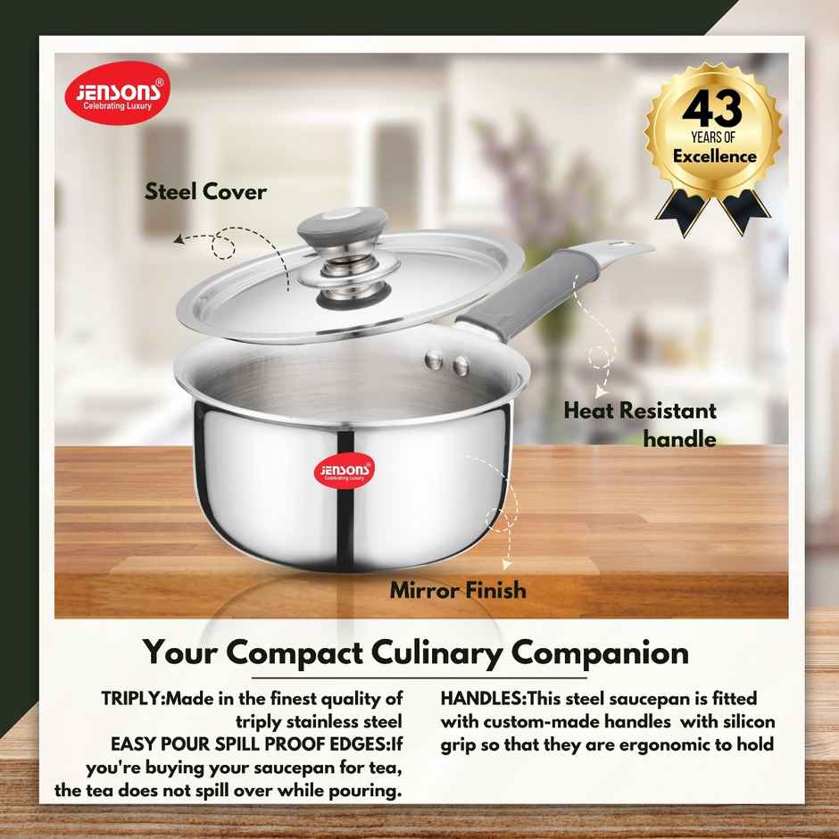 Jensons Stainless Steel Triply Saucepan With Lid 16 cm Induction Compatible