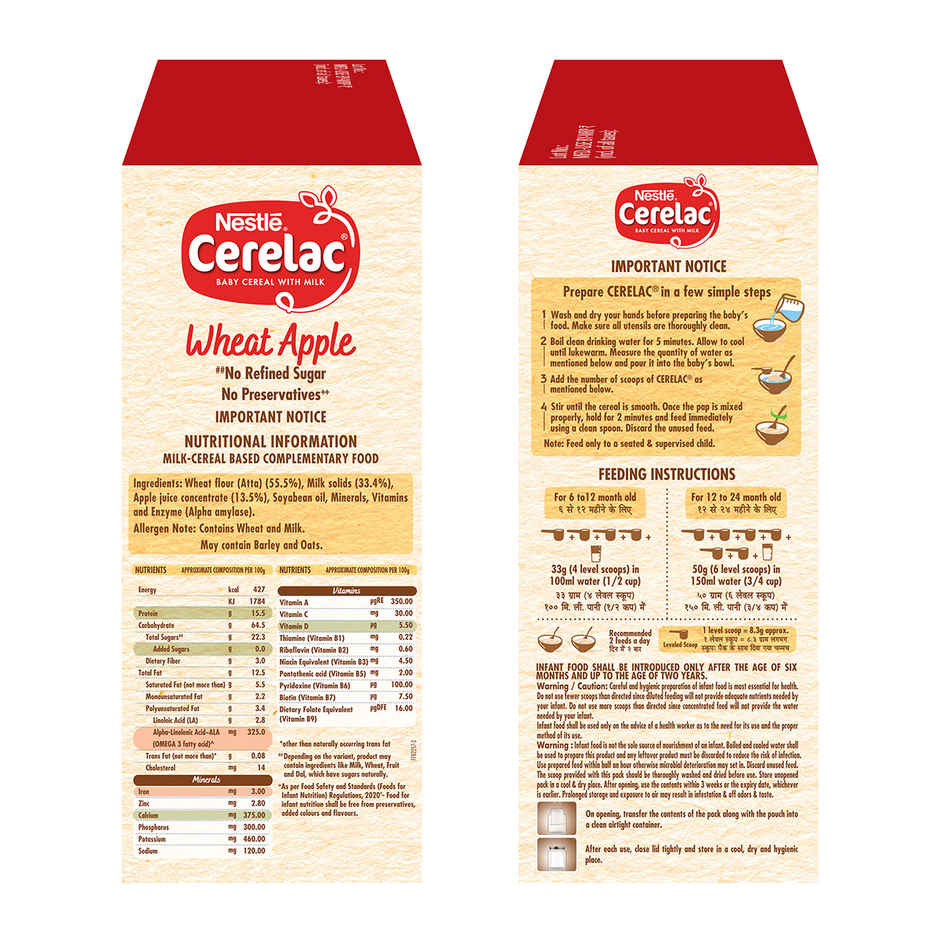 Nestle CERELAC Wheat Apple Baby Food Cereal, No Refined Sugar & No Preservatives, 6 to 24 Months, Big Pack