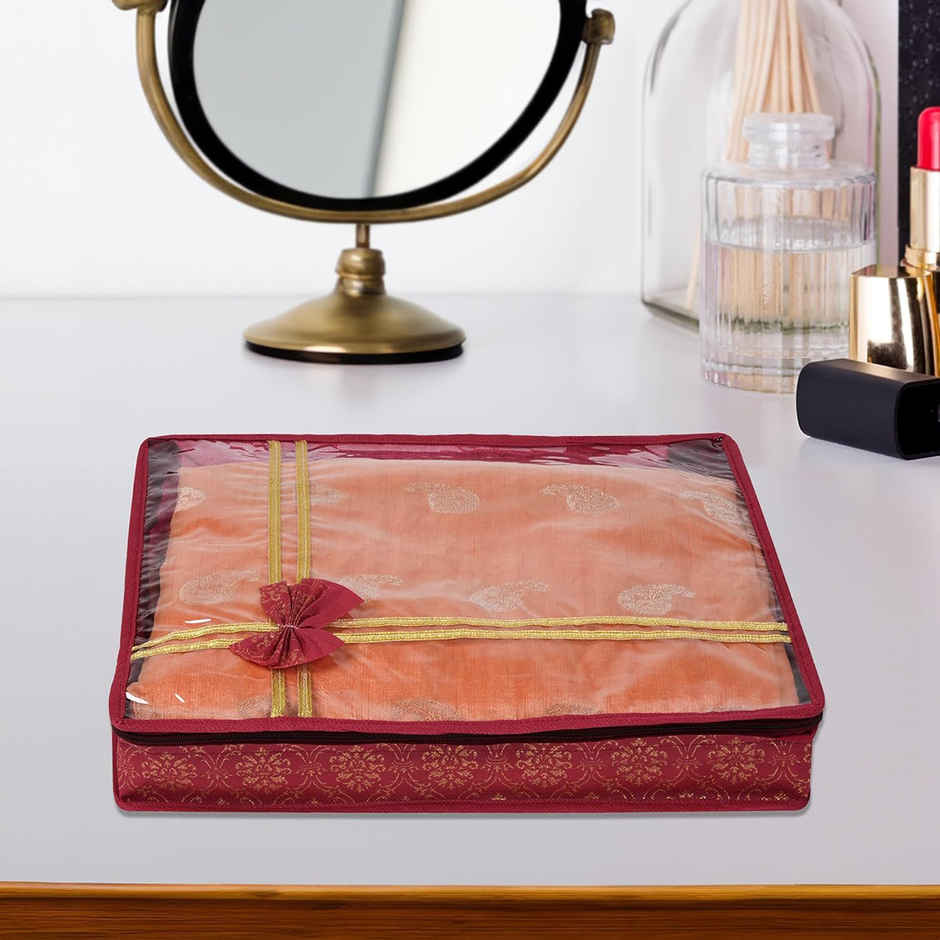 Kuber Industries Pack of 6 Bow Golden Printed Saree Cover | 3 Inch Cloth Packing Bags | Maroon