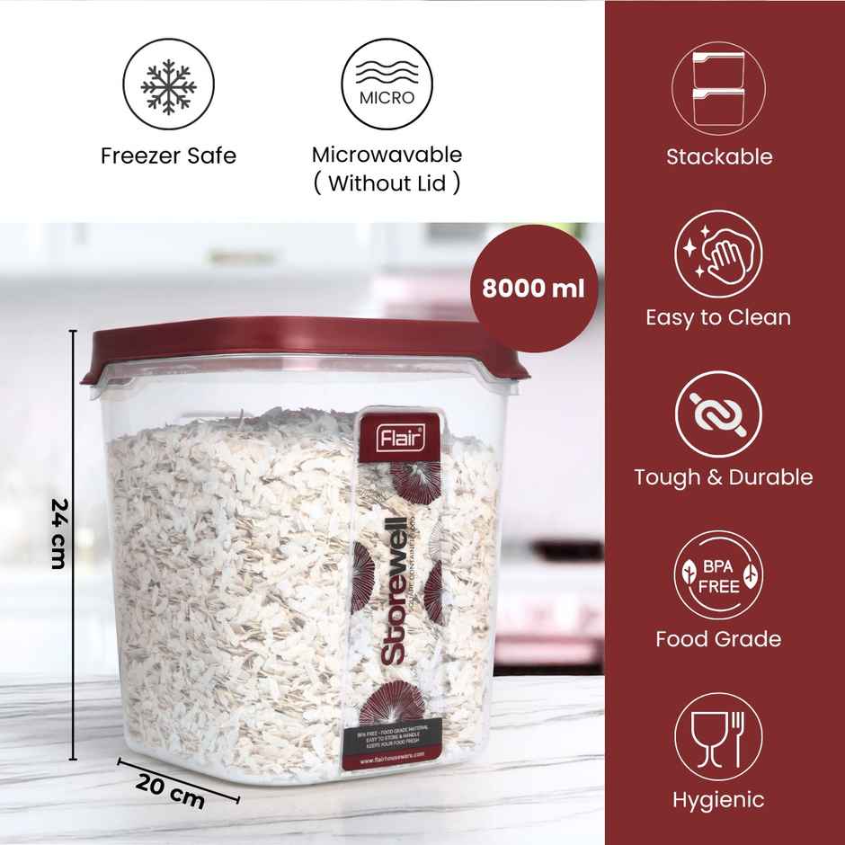 Flair Plastic Storewell Food Storage Containers 8000 ml (Maroon), Bpa Free, Spices Grains
