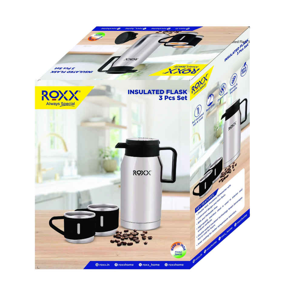 Roxx Aroma Insulated Set | 500 ml Flask + 2 Mugs | Double-Wall Insulation | BPA-Free | Black