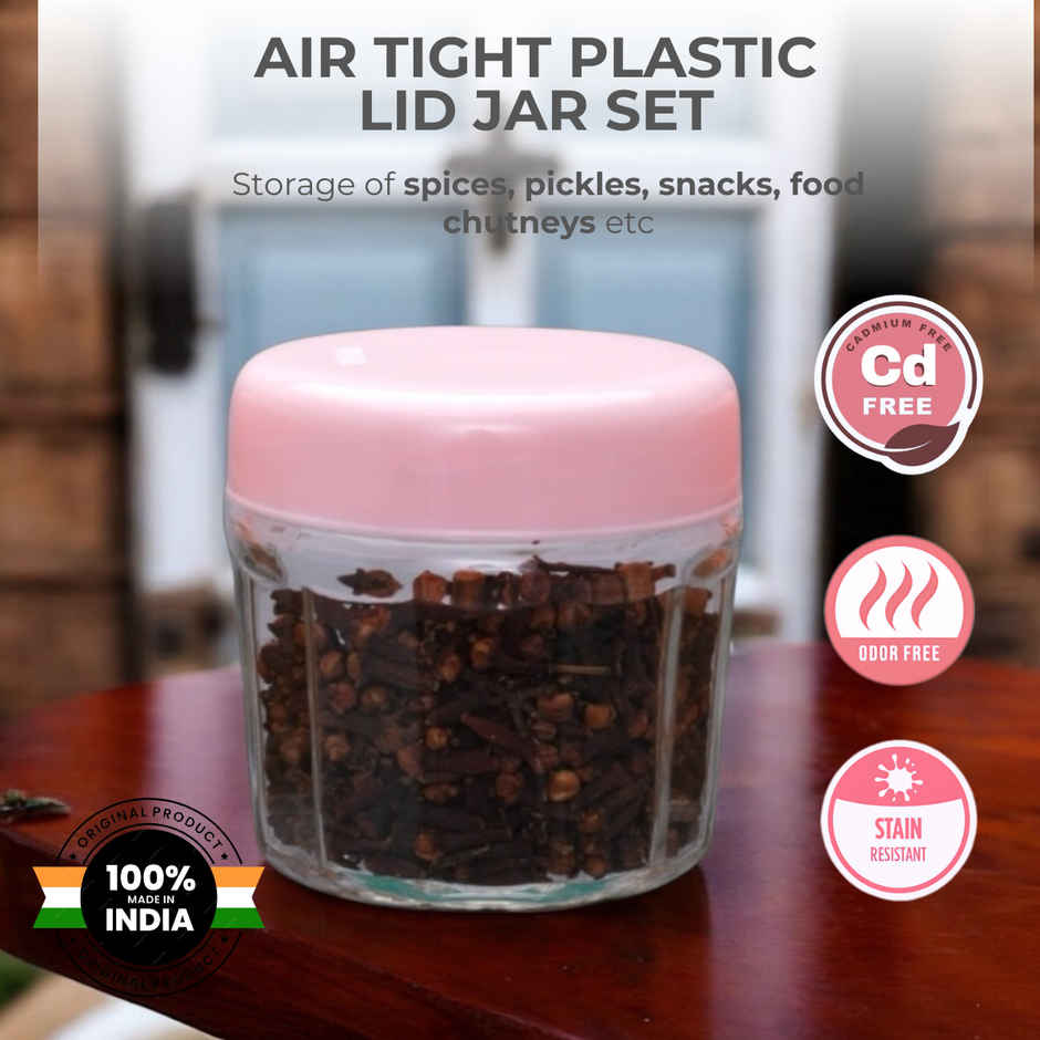 Yera Shell Glass Jar 2 Pc Set With Airtight Light Pink Plastic Lids 320 ml (Each)