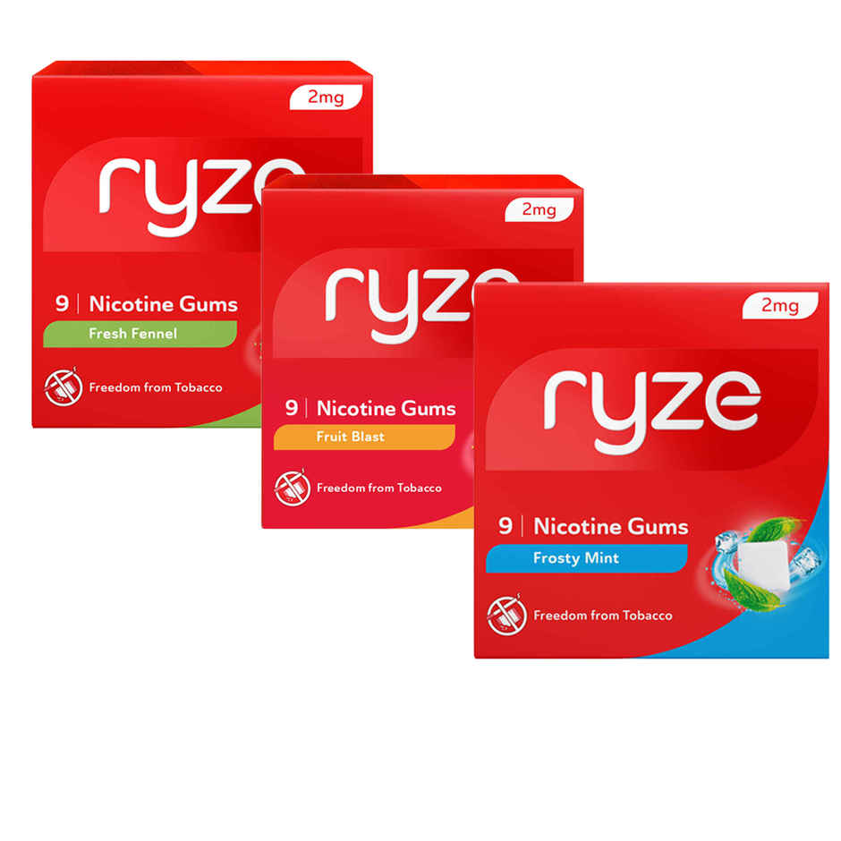 Ryze Nrt 2Mg (Fruit Blast) Nicotine Gums Single Pack - 9 Gum Blister (1pc) & Ryze Frosty Mint Nicotine Gums 2Mg | 9 Gum Blister (1pc) & Ryze Nicotine Gums 2Mg (Fresh Fennel) Gums Single Pack - 9 Gum Blister (1pc) Combo