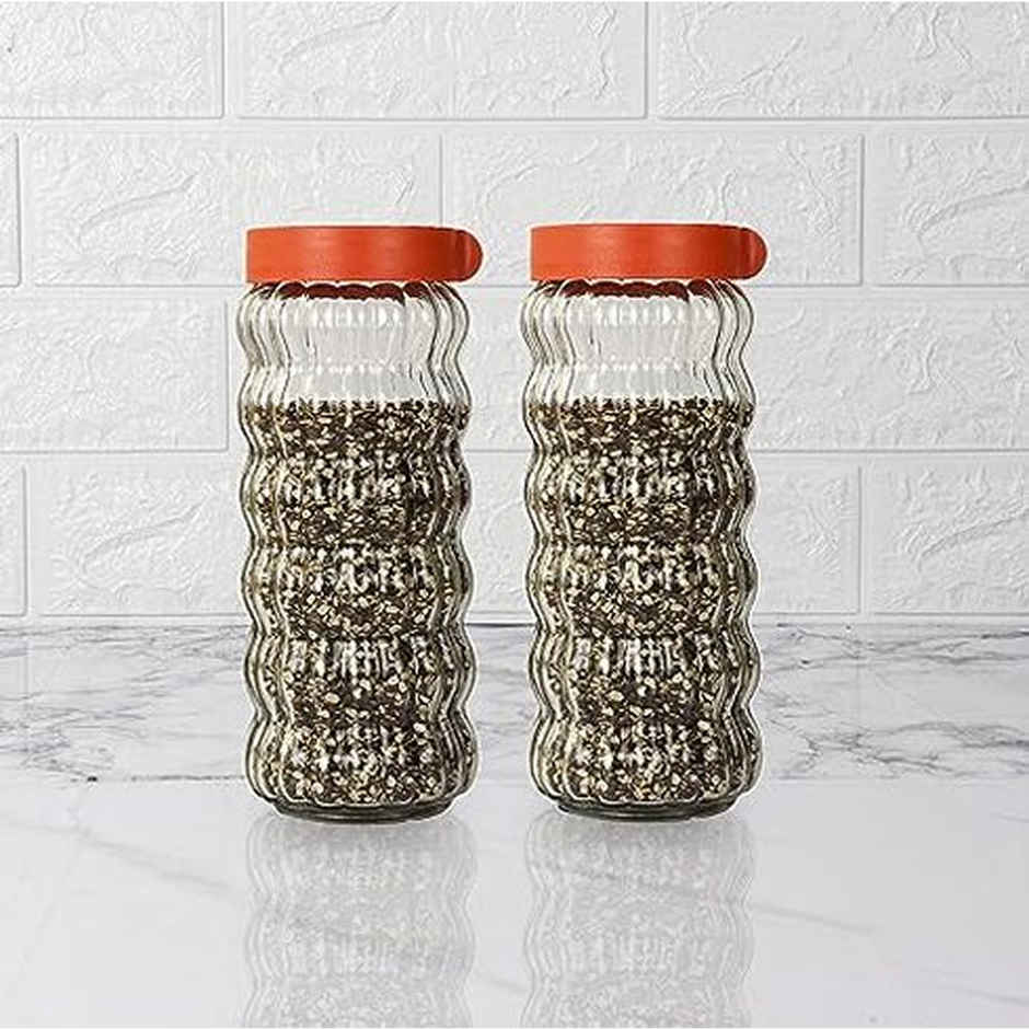 Femora Kitchen Storage Jars Clear Glass With Plastic Stackable Lid Jar, 1000 ml, Pack Of 2
