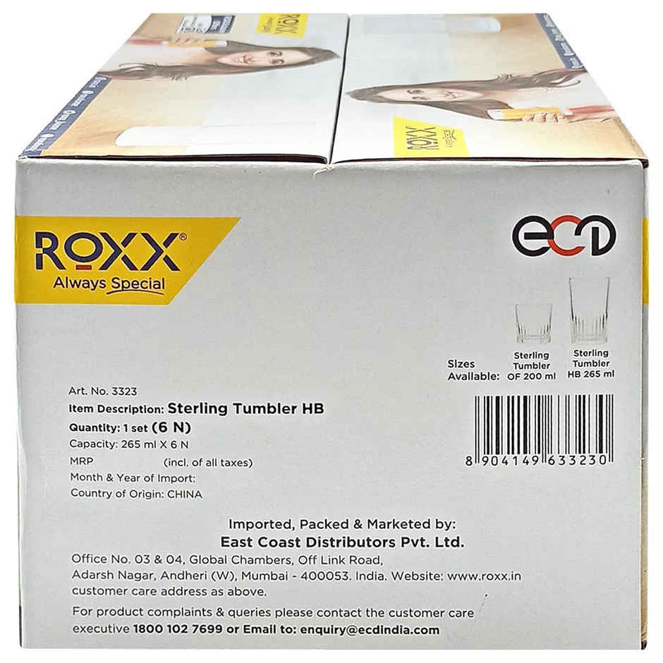 Roxx Ariana HB Tumbler Glass - 265 ml | Pack of 6