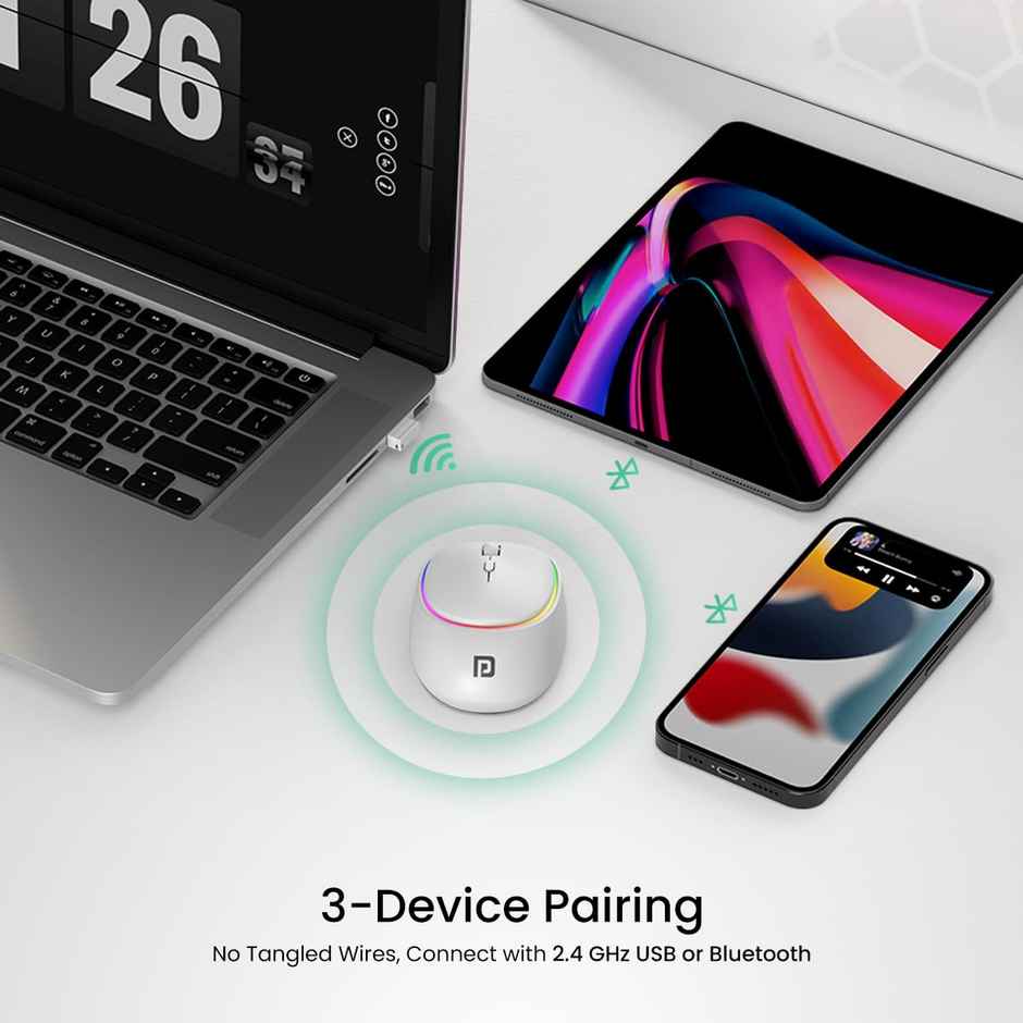 Portronics Toad IV Bluetooth Mouse with 2.4 GHz Wireless (Dual Connectivity), Rechargeable, Connect up to 3 Devices, RGB Lights, Adjustable Optical DPI, for Laptop, PC, Tablet, Smartphone - White