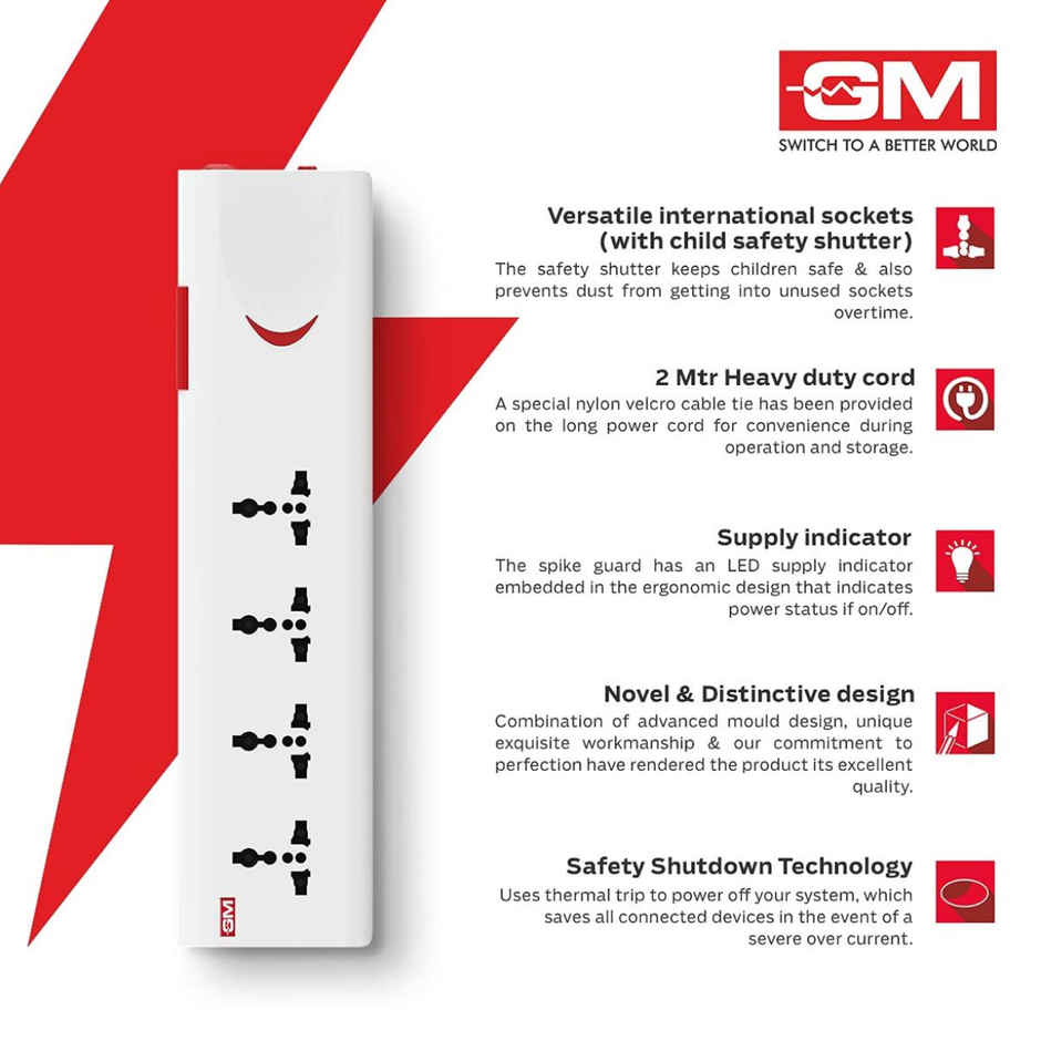 GM Extension Board 10Amp Output 250 Volts with 2 Mtr Extension Cord & Surge Protector | Master Switch, Safety Shutter, 4 International Sockets | Multi Plug Travel Adapter for Home Appliances - White & Red