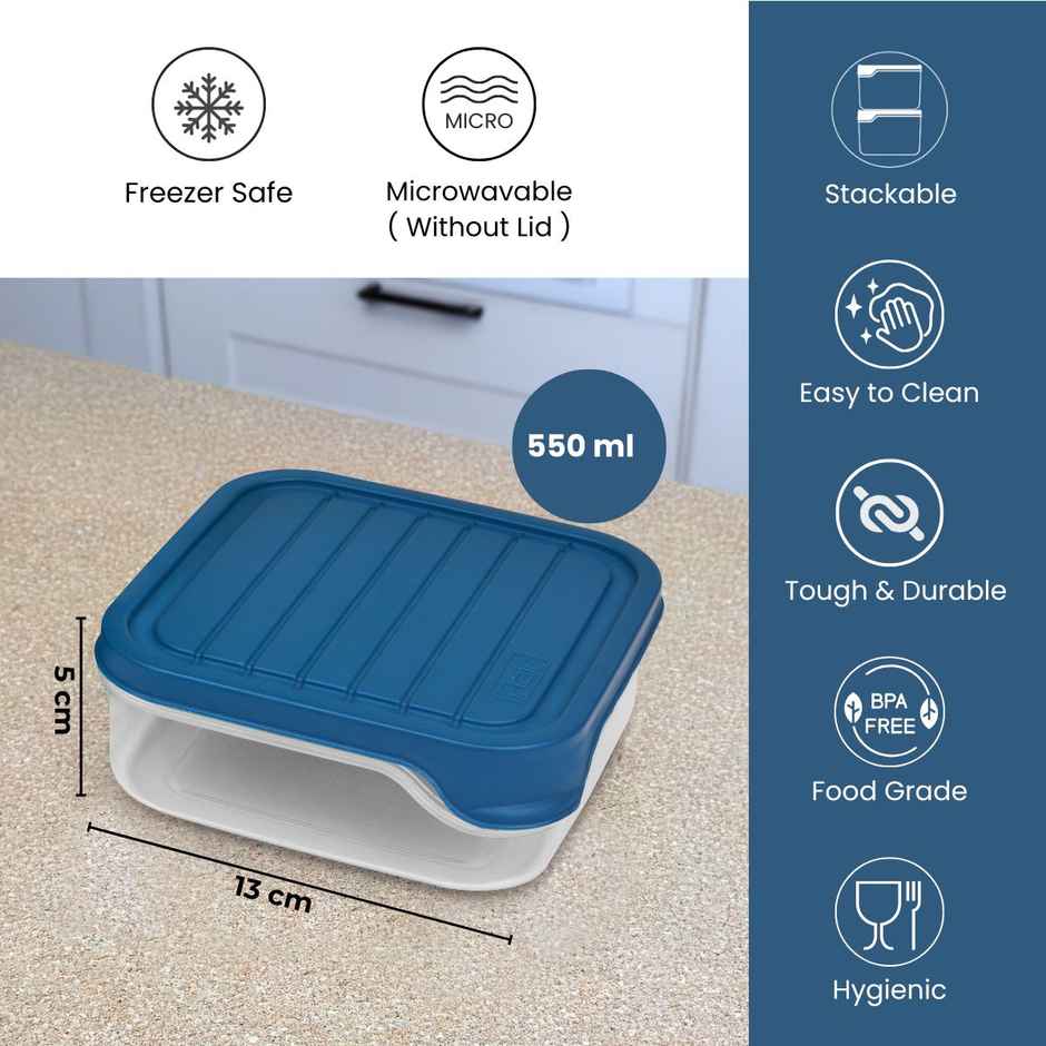 Flair Plastic Storewell Square Food Storage Containers 550Ml - Set Of 3, (Blue), Food Grade