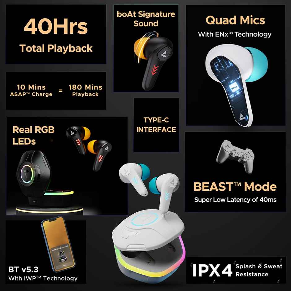 boAt Immortal 170 TWS Earbuds for Gaming with 40H Playtime, BEAST Mode & RGB LEDs - White Sabre