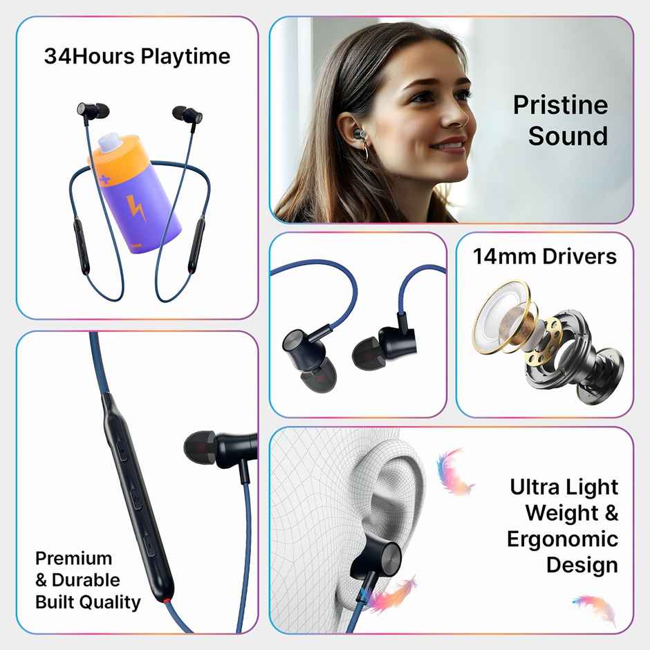pTron Tangent Evolve Wireless Neckband With 34Hrs Playtime | Hd Mic | Pristine Sound & Bt5.3 - Black-Blue