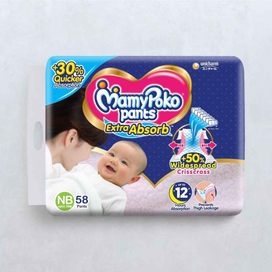 Mamypoko Extra Absorb Baby Diapers | Pant Style | NB | 58 pcs