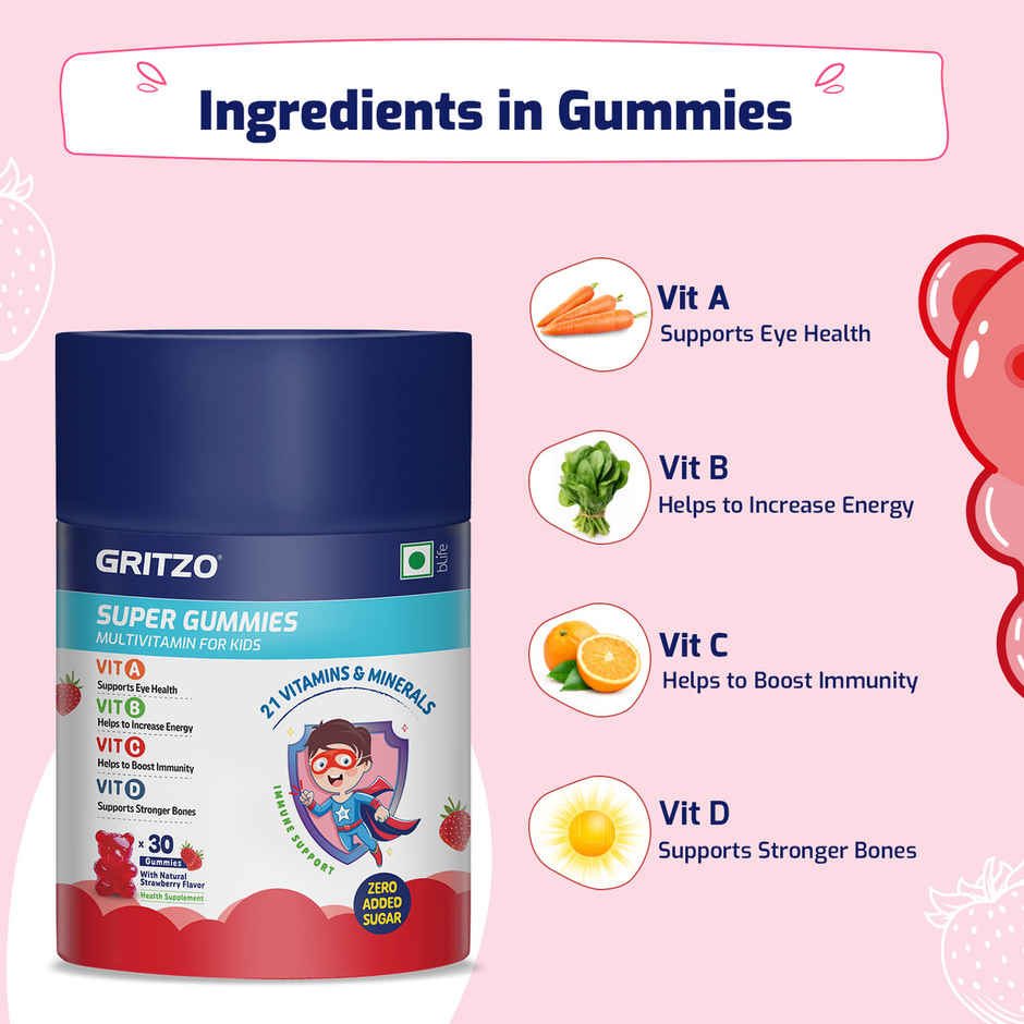 Gritzo Super Gummies, Multivitamin for Kids ( Natural Strawberry Flavour)