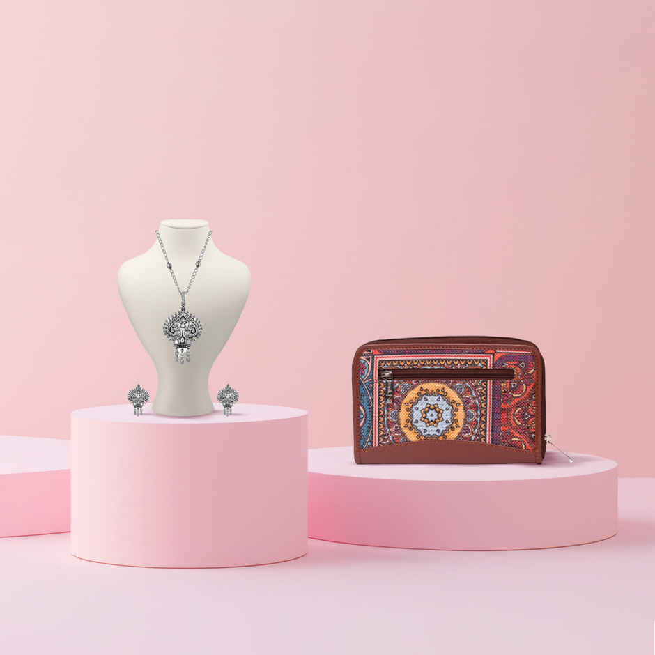 Zouk Multicolor Mandala Print Chain Wallet (Cfc)(1pc) & Voylla Morni Avalyn Pendant Set(3pc) Combo