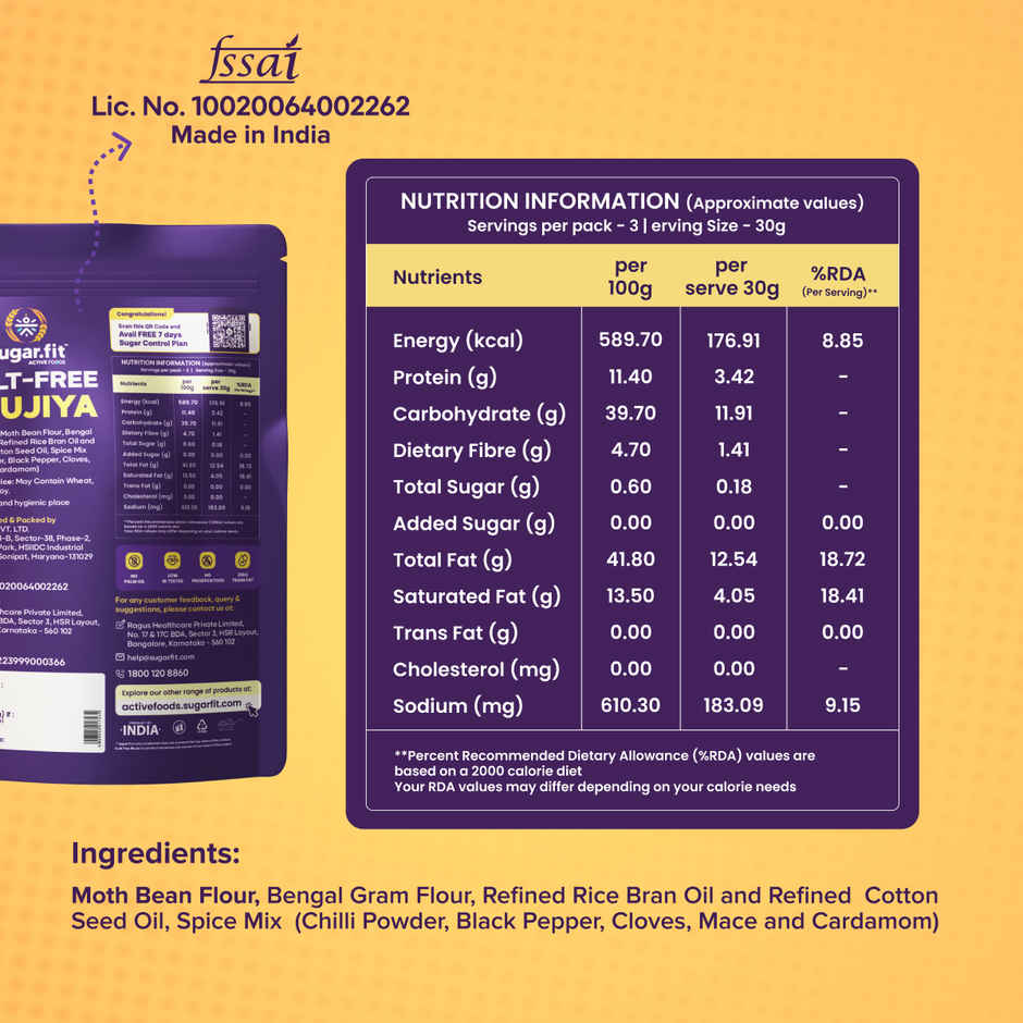 Sugar.fit Guilt-Free Bhujiya - Diabetic Snacks, Rich in Protein, Low Gi Bhujia Namkeen, No Palm Oil