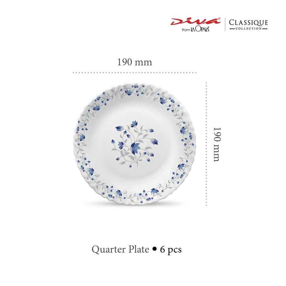 La Opala Diva Classique Quarter Plate | Opal Glass Side Plate for Dining |Set of 6 - Blue Mystique
