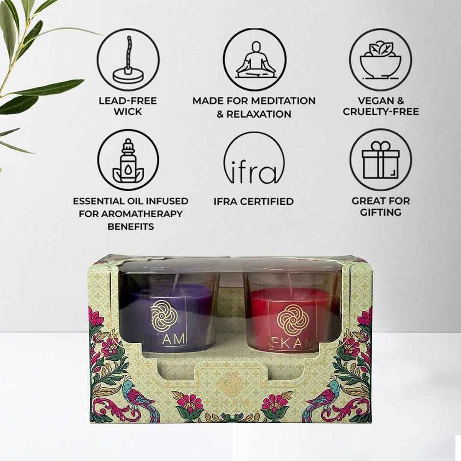 EKAM Scented Votive Candles (2 pcs) | Lavender & Sandalwood, Rose & Lily | 43g Each | 10H Burn