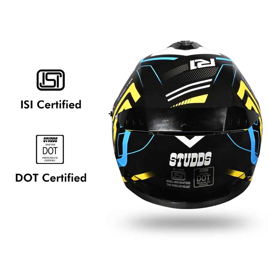 Studds Drifter D4-R1 ISI-DOT Certified Full Face Helmet | Dual Visor & Spoiler |Black Yellow - L